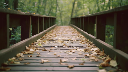 A wooden bridge covered in autumn leaves. Tranquil sceneの写真素材