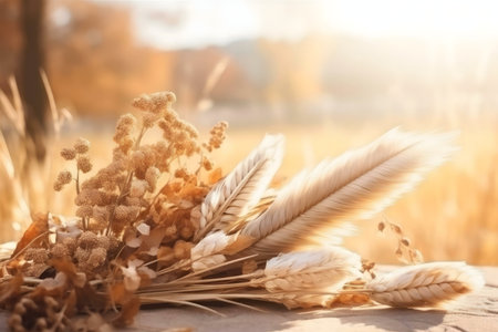 Dried flowers and grasses bask in the golden light of autumn. A serene and peaceful scene.