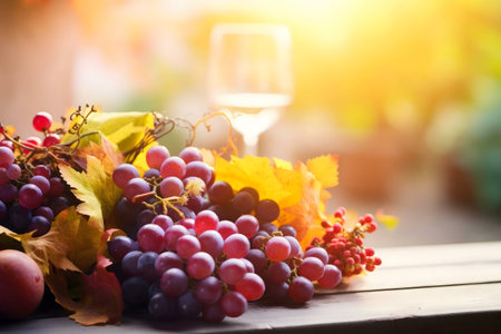 A beautiful autumn still life featuring bunches of ripe grapes, vibrant leaves, and a wineglass. Warm sunlight adds to the harvest scene.の写真素材