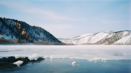 Peaceful winter scene of a frozen river with snow-covered mountainsの写真素材