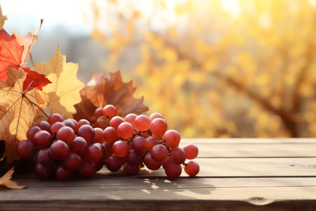 Red grapes and colorful autumn leaves on a rustic wooden table. A scene of autumn harvest.の写真素材