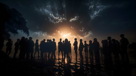 Silhouettes of many people gathered at sunset by the water, their reflections mirroring the golden hour.の写真素材