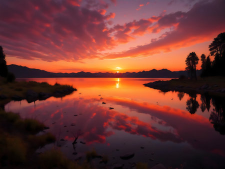 Stunning sunset reflecting on a calm lake, mountains in the background.の写真素材