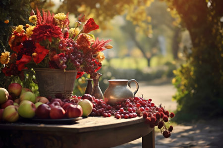 A beautiful autumn still life featuring a vibrant bouquet, apples, and grapes on a rustic table.の写真素材