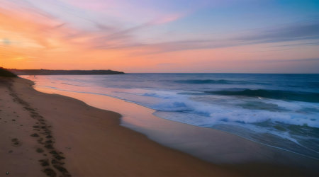 Peaceful sunset at the beach. Footprints in the sand, waves gently lapping the shore.の写真素材