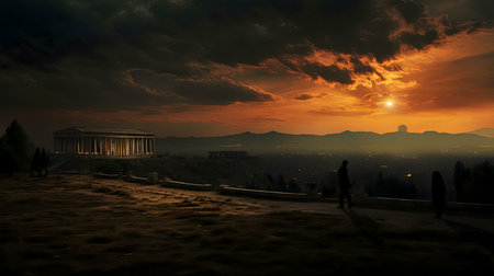 Silhouetted figures gaze upon the ancient Temple of Hephaestus as the sun sets over Athens, painting the sky with fiery hues.の写真素材