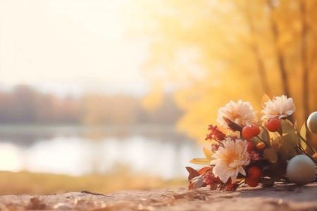 A lovely autumnal bouquet rests near a tranquil lake. Warm sunlight bathes the scene.の写真素材