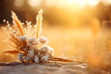 Dried flower bouquet at sunset. Warm light, peaceful scene.の写真素材