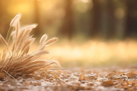 Serene autumnal scene, golden grass bathed in sunset light.の写真素材