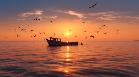 A lone fishing boat at sunset, surrounded by birds in flight. Peaceful, serene seascape.の写真素材