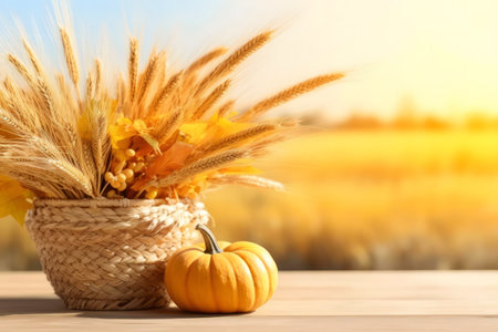 A picturesque autumn scene featuring wheat, a pumpkin, and fall leaves in a rustic basket.の写真素材