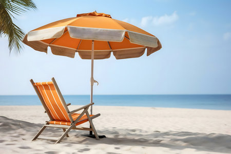 Beach chair and orange umbrella on the sand, by the ocean on a sunny summer day.の写真素材