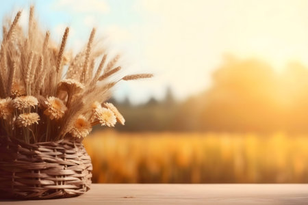 A rustic wicker basket filled with dried flowers and wheat sits on a wooden table, with a sunlit field in the background.の写真素材
