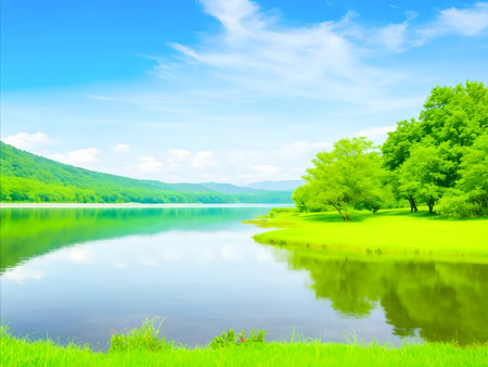 Picturesque lake view with lush green trees, calm water, and a bright blue sky. Serene nature scene.の写真素材