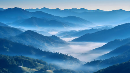 Serene landscape of misty blue mountains at dawn. A breathtaking view.