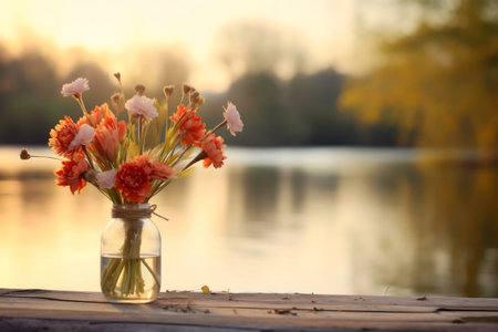Orange flowers in a glass jar, peaceful lakeside sunset.の写真素材