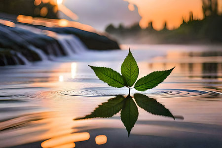 A leaf floats serenely on calm waters, reflecting the sunset's warm glow.の写真素材