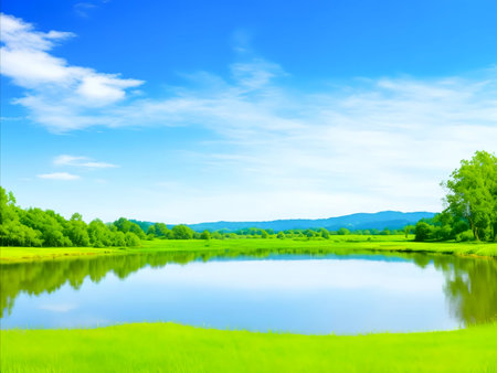 Picturesque lake reflecting a vibrant summer sky. Lush greenery and tranquil atmosphere.の写真素材