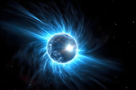 A vibrant planet bathed in electric blue energy, radiating cosmic power. A mesmerizing celestial...