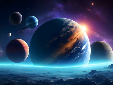 A stunning cosmic scene with multiple planets and nebula