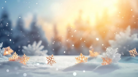 Enchanting winter scene with snowflakes and a sunlit forest background.の写真素材