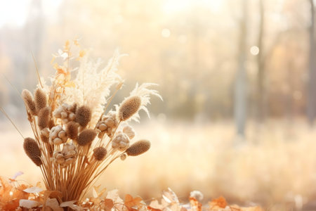 Dried flower bouquet in autumnal forest settingの写真素材