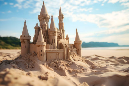 A magnificent sandcastle stands proudly on a sunny beach.の写真素材