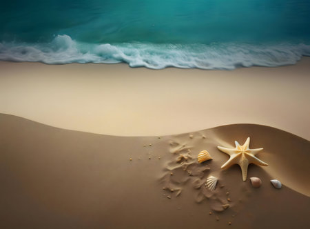 Seashells and starfish on a sandy beach, tranquil ocean waves.の写真素材