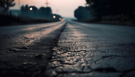 A close-up view of a cracked asphalt road at dawn. The road stretches into the distance, with blurry lights in the background.の写真素材
