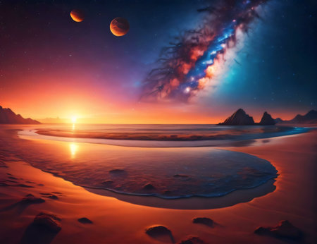 Surreal sunset beach scene with planets and a galaxy.の写真素材