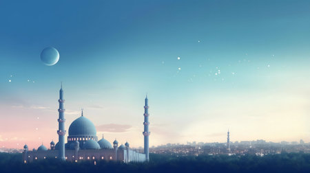 A beautiful mosque under a serene night sky, perfect for Ramadan.の写真素材