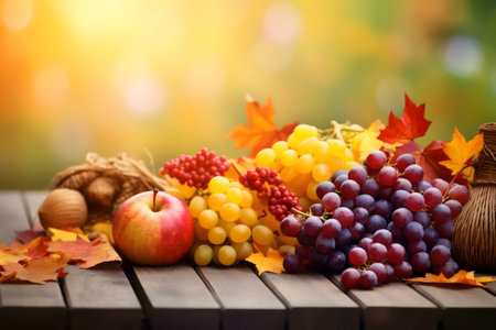 A vibrant autumn harvest scene featuring grapes, an apple, nuts, and colorful leaves.の写真素材