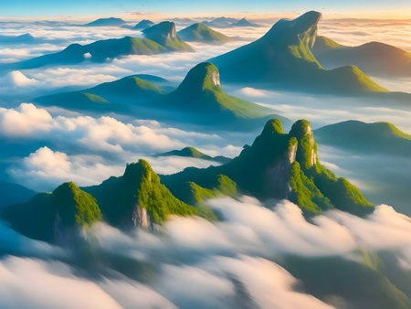 Aerial view of mountain range, peaking through clouds at sunrise. Serene atmosphere.の写真素材