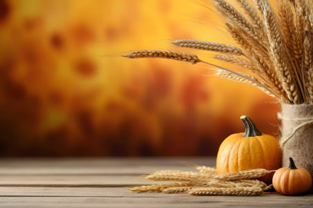 Golden hour autumn harvest scene featuring pumpkins and wheat.の写真素材