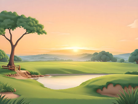 A digital painting of a serene sunrise landscape. Peaceful dawn over rolling green hills and a calm lake.の写真素材