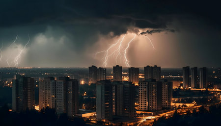 A stunning view of a powerful thunderstorm over a city at night. Lightning illuminates the urban...