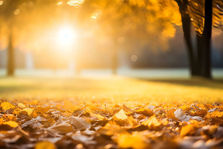 Autumn leaves bathed in sunset's golden light.