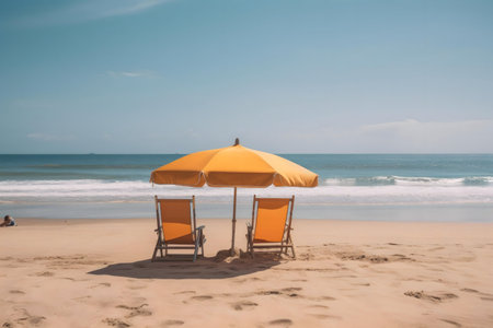 A serene beach scene with two yellow chairs under a bright yellow umbrella, facing the tranquil ocean.の写真素材
