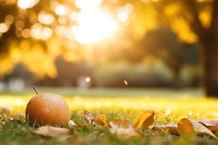A single apple rests on grass, surrounded by autumn leaves, bathed in the warm golden light of the setting sun.の写真素材