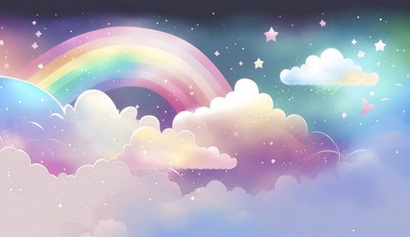 Pastel rainbow arch over fluffy clouds in a dreamy night sky, filled with stars.の写真素材