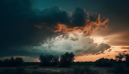A breathtaking sunset with dramatic storm clouds over a tranquil field.の写真素材