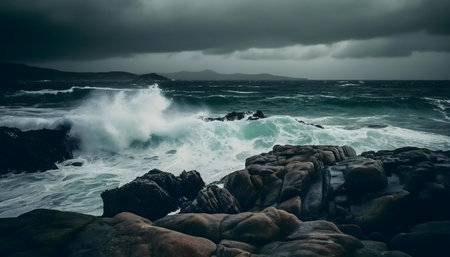 Powerful waves crash against dark rocks during a storm. A dramatic seascape.の写真素材