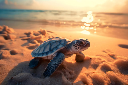 Adorable baby sea turtle crawling on sandy beach at sunset. Warm, golden light.の写真素材