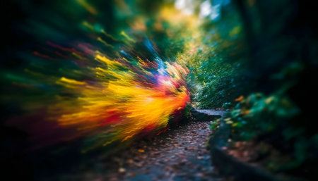 Colorful autumn forest path, motion blur effect.の写真素材