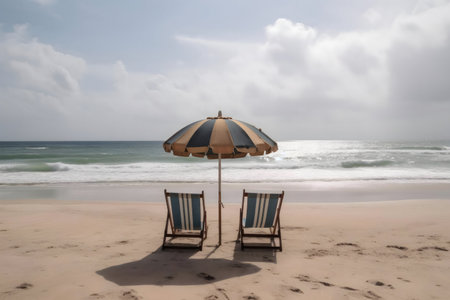 Peaceful beach scene with two chairs and an umbrella.の写真素材