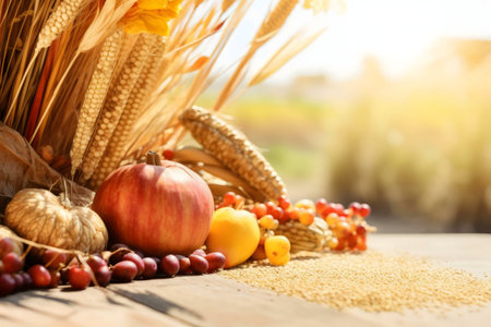 A vibrant autumnal still life showing an abundance of harvest bounty.の写真素材