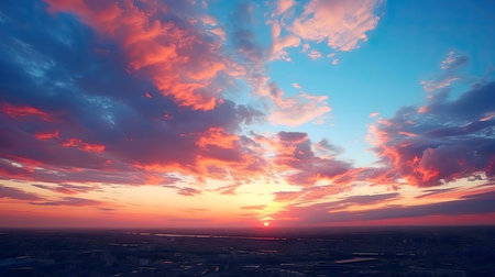 Stunning aerial shot of a vibrant sunset painting the sky with fiery hues over a sprawling city.の写真素材