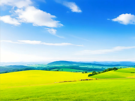 A picturesque landscape of rolling green and yellow fields under a bright blue sky. Peaceful and serene.の写真素材
