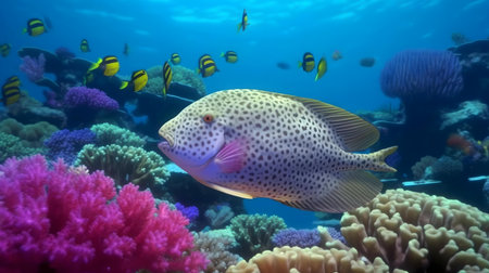 A spotted sweetlips fish swims among colorful corals and other fish in a vibrant underwater scene.