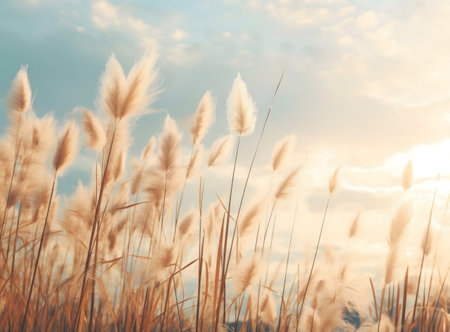 Pampas grass bathed in the warm light of sunset. Serene and peaceful nature scene.